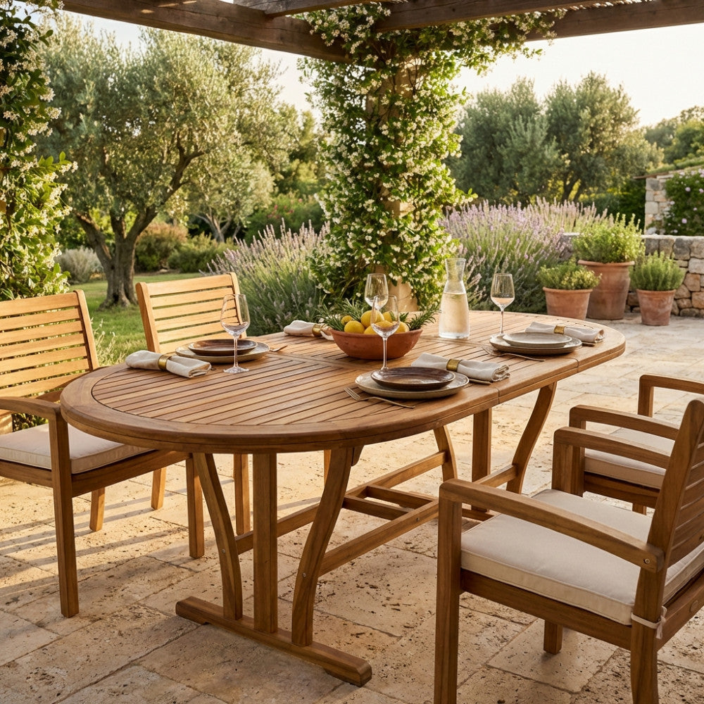 TAVOLO SHIRE OVALE 180/240 X 100 DOUBLE. Legno di Acacia massiccio spessore 44 mm doppio bordo Dimensioni: cm 180/240 x 100 x 74 h. Arredo Giardino