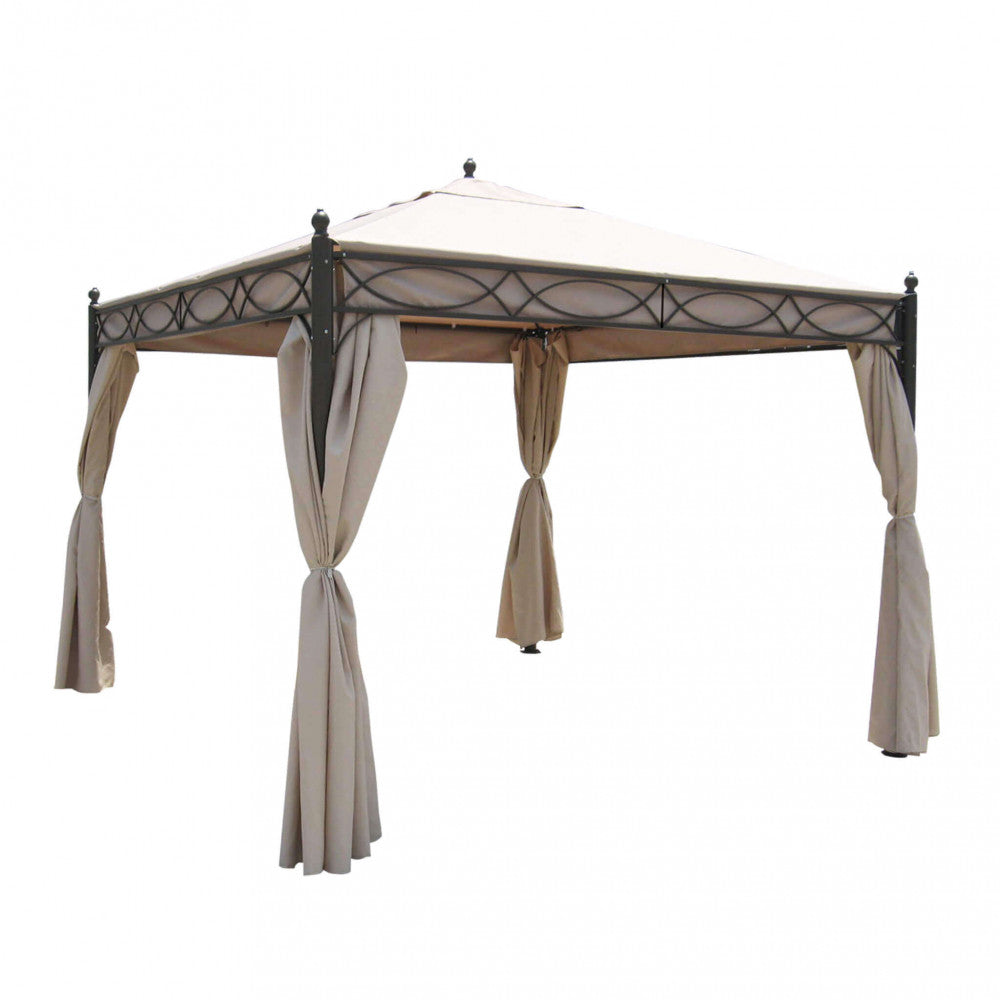 GAZEBO SIWA 3 X 3. Canvas and sides in BEIGE polyester 200-160 gr + mosquito net, structure in BLACK painted steel, legs tube 0 mm 70 x 1.2 - cover mm 15x15/18x18 Dimensions: m 3 x 3 x 2.60 h. Garden furniture
