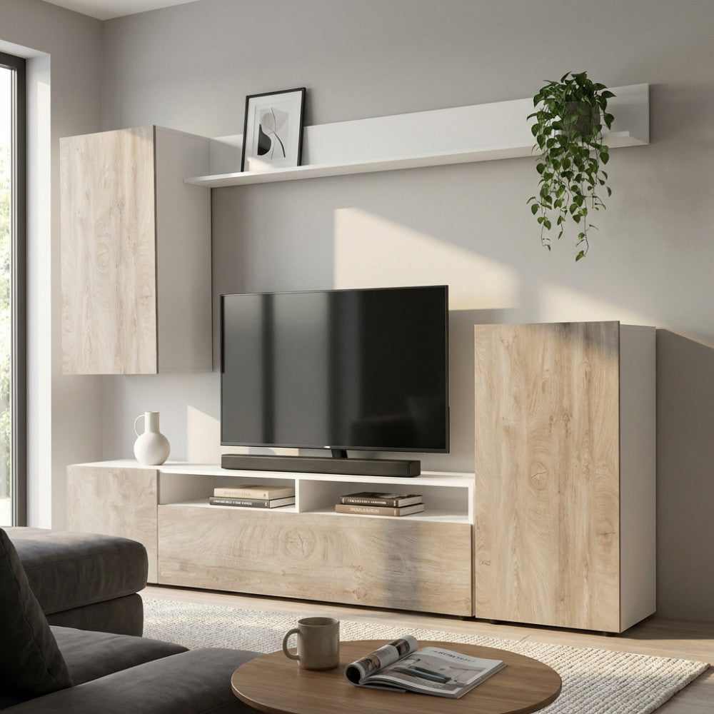 PARETE SOGGIORNO BRIDGE BIANCO E ROVERE CHIARO. Parete in legno BIANCO e ROVERE CHIARO Dimensioni: cm 207 x 34 x 170 h.