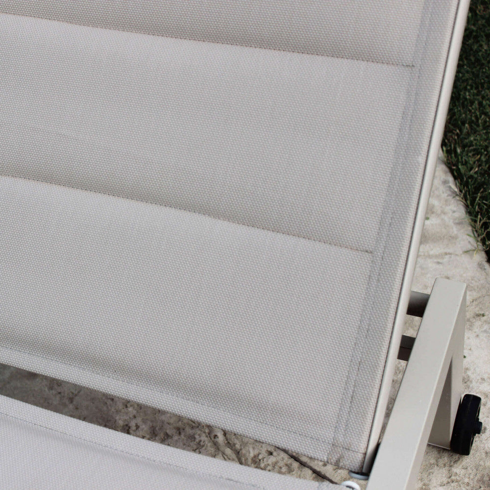 FORMENTERA LOUNGER. Aluminum frame painted WHITE, DOVE GREY, TAUPE, or ANTHRACITE. Padded Textilene in TAUPE, BLACK on anthracite. Dimensions: 198 x 61 x 34/95 cm. Garden Furniture