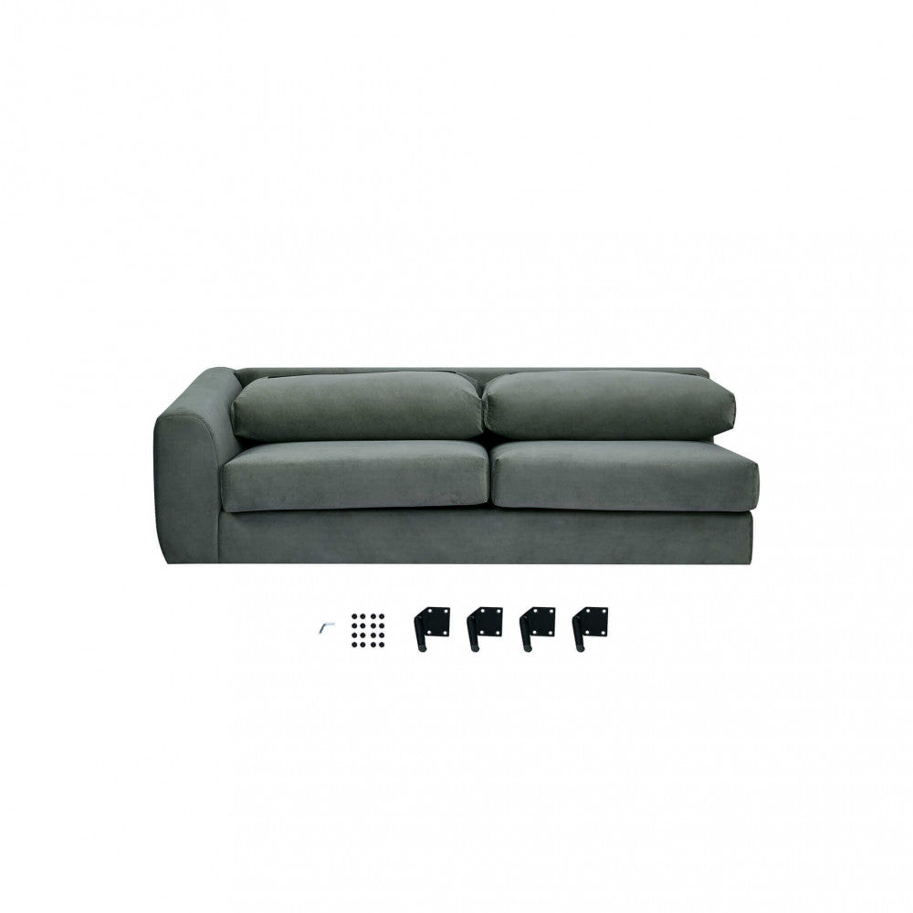 GREGORY SOFA WITH CHAISE LONGUE. Sofa with chaise longue in BROWN, GREY, or BLUE with metal legs. Dimensions: D.180x97x85/S.100x170x85.