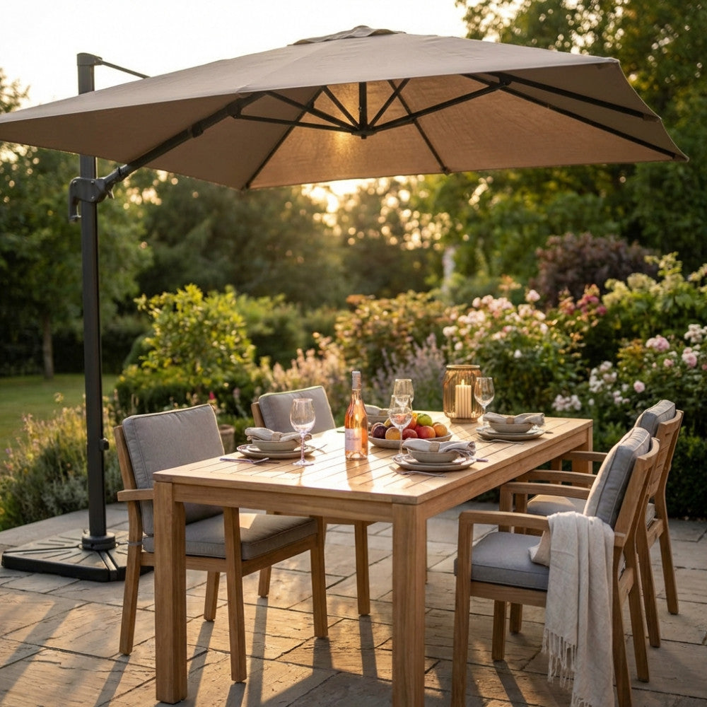 NETTUNO LUX BLACK UMBRELLA, 3 X 4, TAUPE CANVAS. 250 g TAUPE polyester canopy with windproof, 95 x 65 and 48 x 55 mm rotating aluminum pole, 8 17 x 25 mm aluminum ribs, cross-shaped base. Dimensions: 3 x 4 m. Garden Furniture
