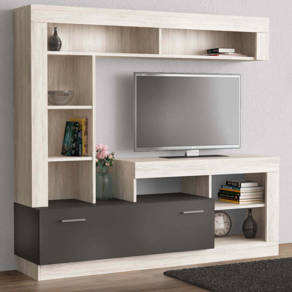 PARETE SOGGIORNO LEONARD PINO CHIARO E GRIGIO. Dimensioni: cm 170 x 42 x 170 h.