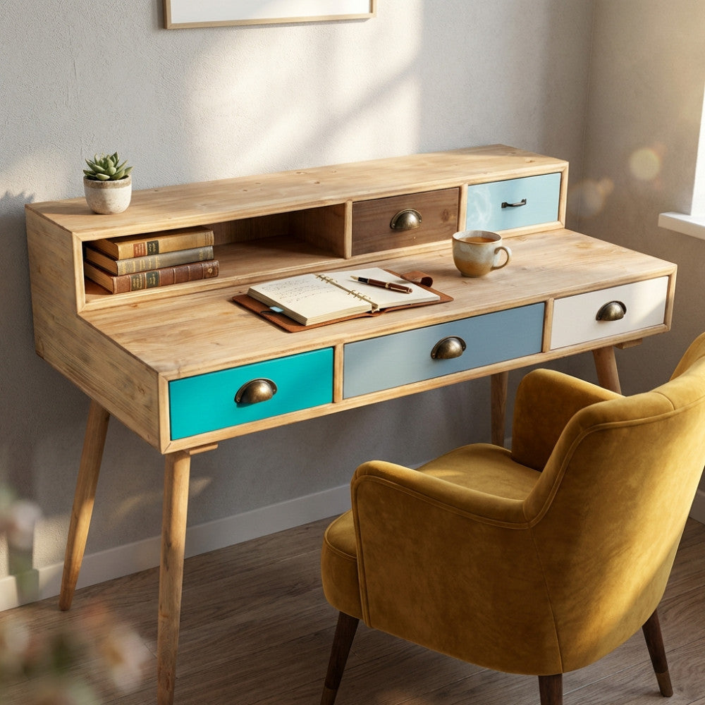 SCRIVANIA AJAX. Struttura in MDF, gambe in legno di pino, top colore NATURALE 1 ripiano e 5 cassetti colorati Dimensioni: cm 120 x 50 x 79 h.