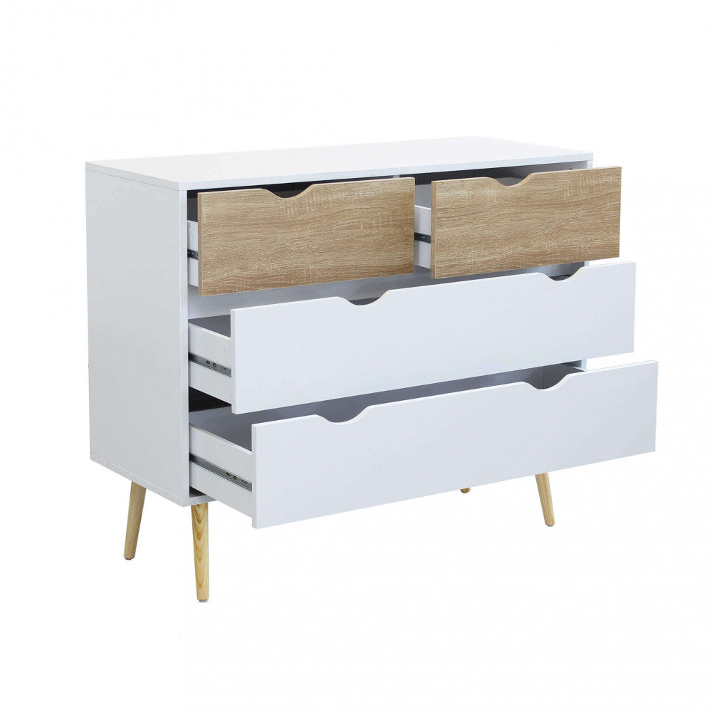 MOBILE TERENCE. Mobile con 4 cassetti in legno bianco e naturale Dimensioni: cm 99 x 39 x 82 h.