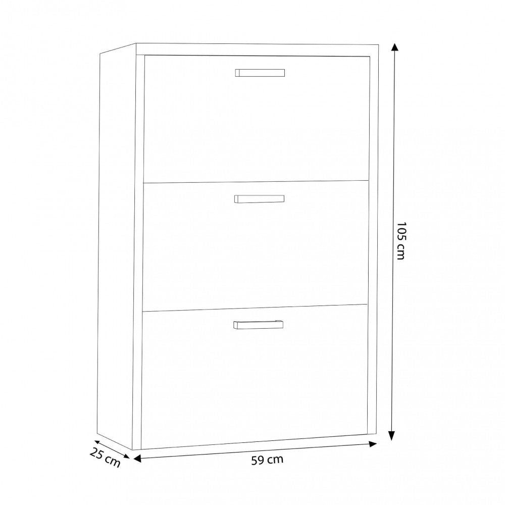MOLLY SHOE RACK WITH 3 FLAP-DOORS, GREY CONCRETE EFFECT. 16 mm thick GREY CONCRETE EFFECT wooden shoe rack. Dimensions: 59 x 25 x 105 cm h.