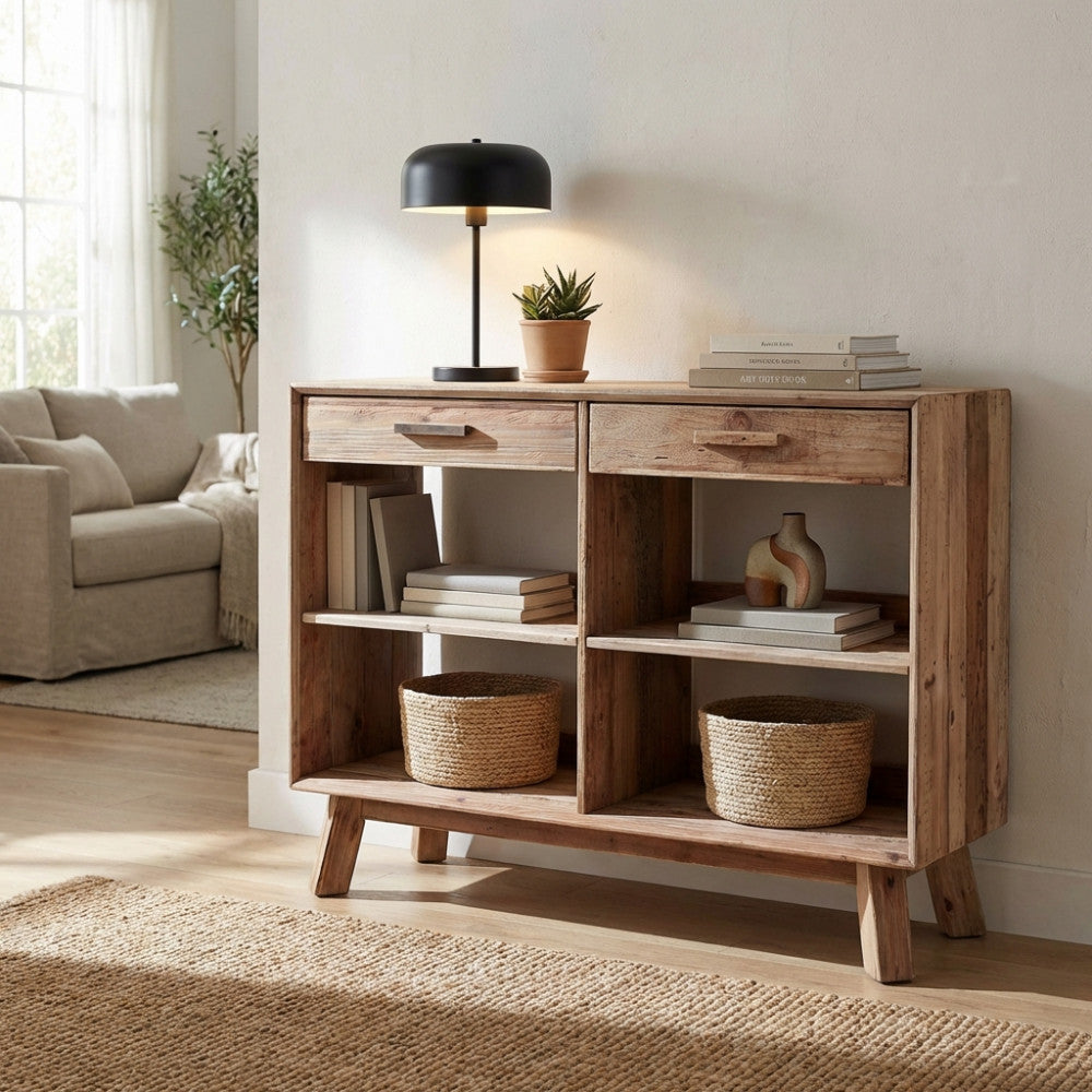 MOBILE DYLAN. Mobile con 2 cassetti e 4 ripiani in legno di pino riciclato Dimensioni: cm 117,8 x 40 x 85 h.