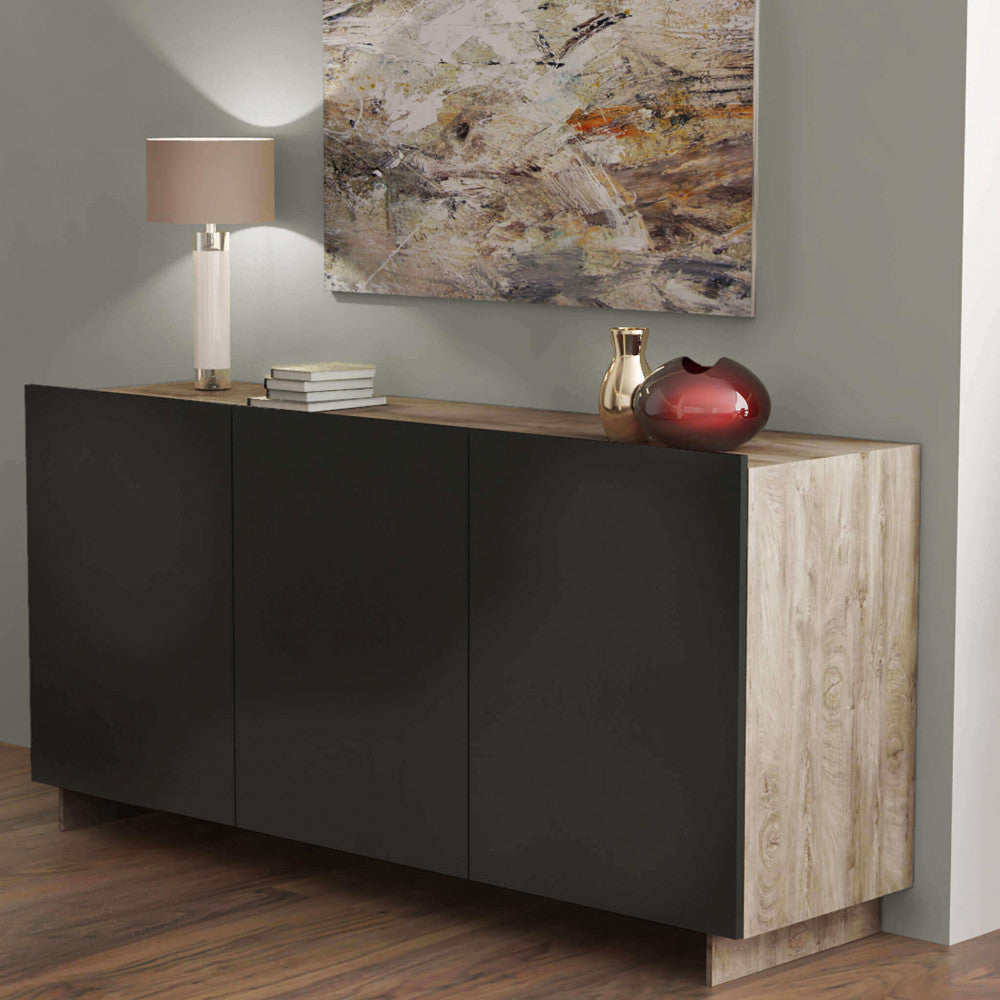 CREDENZA CARLILE ANTRACITE E ROVERE CHIARO. Credenza in legno ANTRACITE e ROVERE CHIARO Dimensioni: cm 150 x 40 x 76 h.