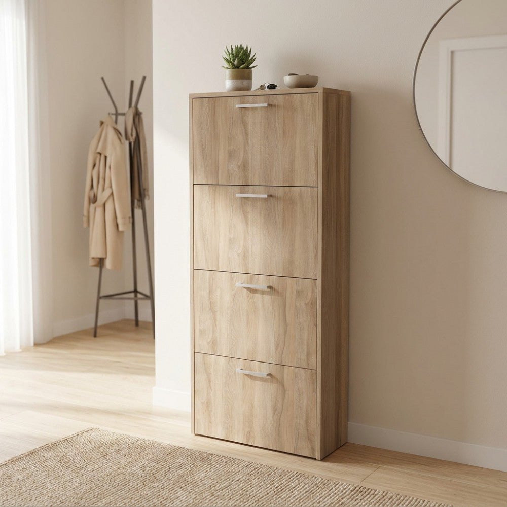 SCARPIERA MOLLY 4 ANTE A RIBALTA OLMO CHIARO. Scarpiera in legno OLMO CHIARO spessore 16 mm Dimensioni: cm 59 x 25 x 140 h.