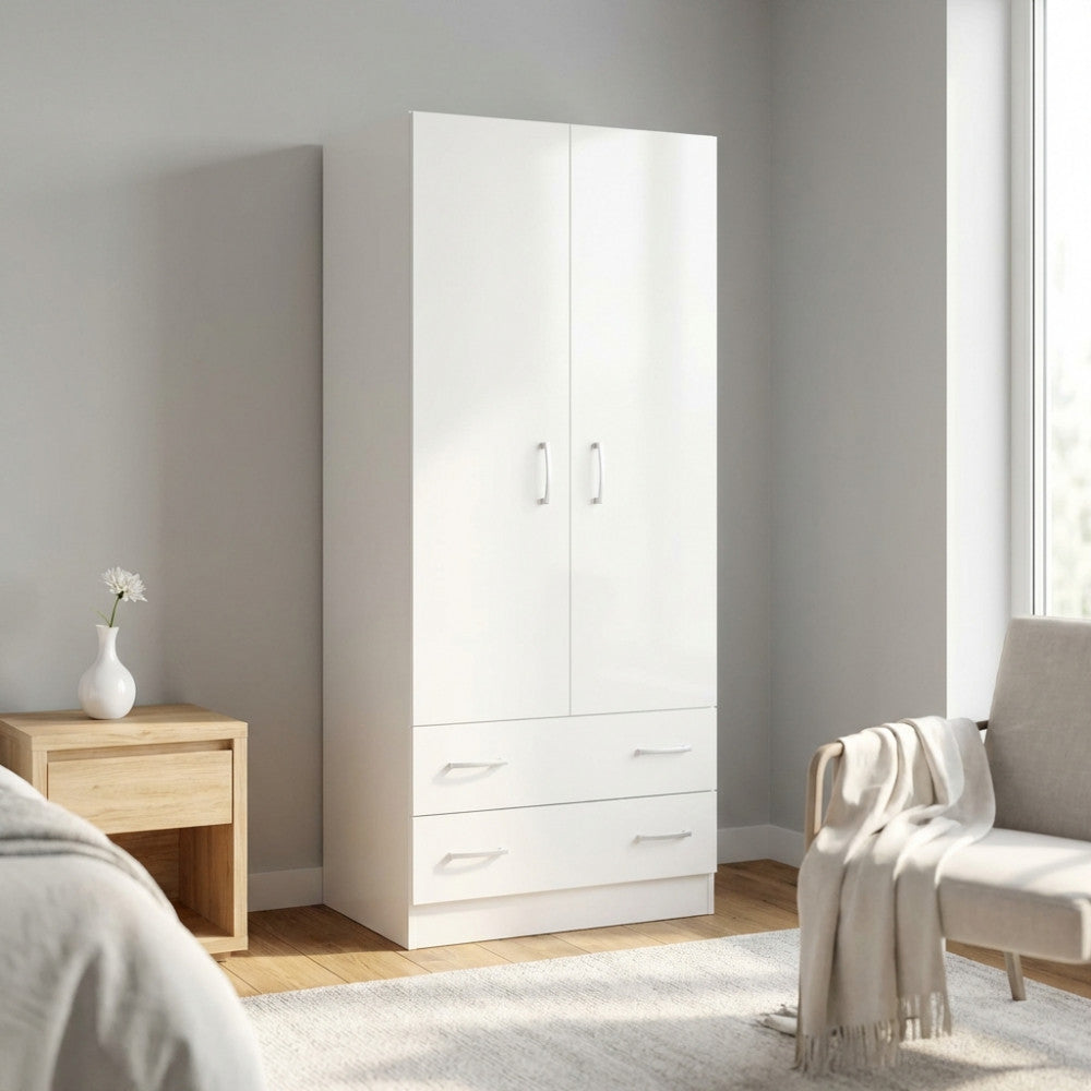ARMADIO 2 ANTE E DUE CASSETTI POP BIANCO. Armadio in legno BIANCO Dimensioni: cm 80 x 52 x 180 h.