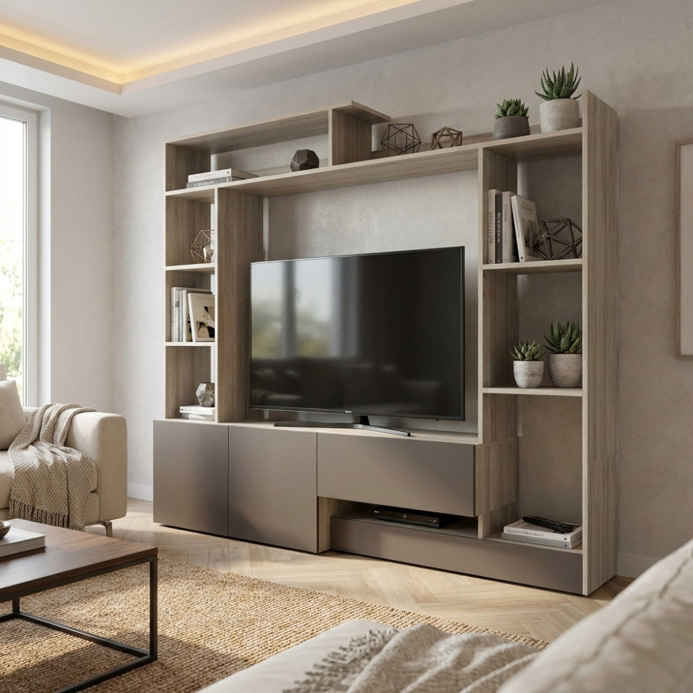 ENTRY LIVING ROOM WALL PANEL, ELM AND GREY. Dimensions: 180 x 28/40 x 165 cm h.