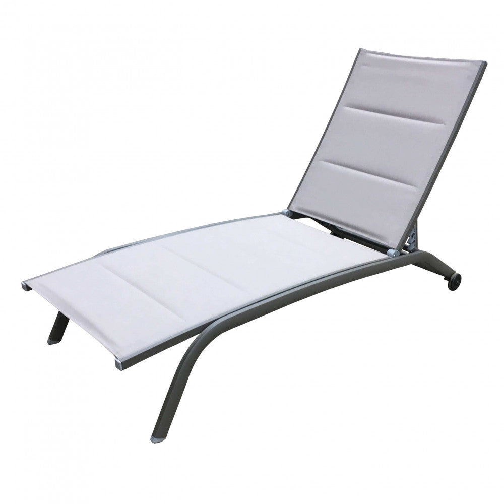 ITACA STACKABLE LOUNGER. Frame in painted aluminum in WHITE, DOVE GREY, TAUPE, ANTHRACITE, RED, or LIGHT BLUE. Padded Textilene. Dimensions: 194 x 71 x 83 cm. Garden Furniture.