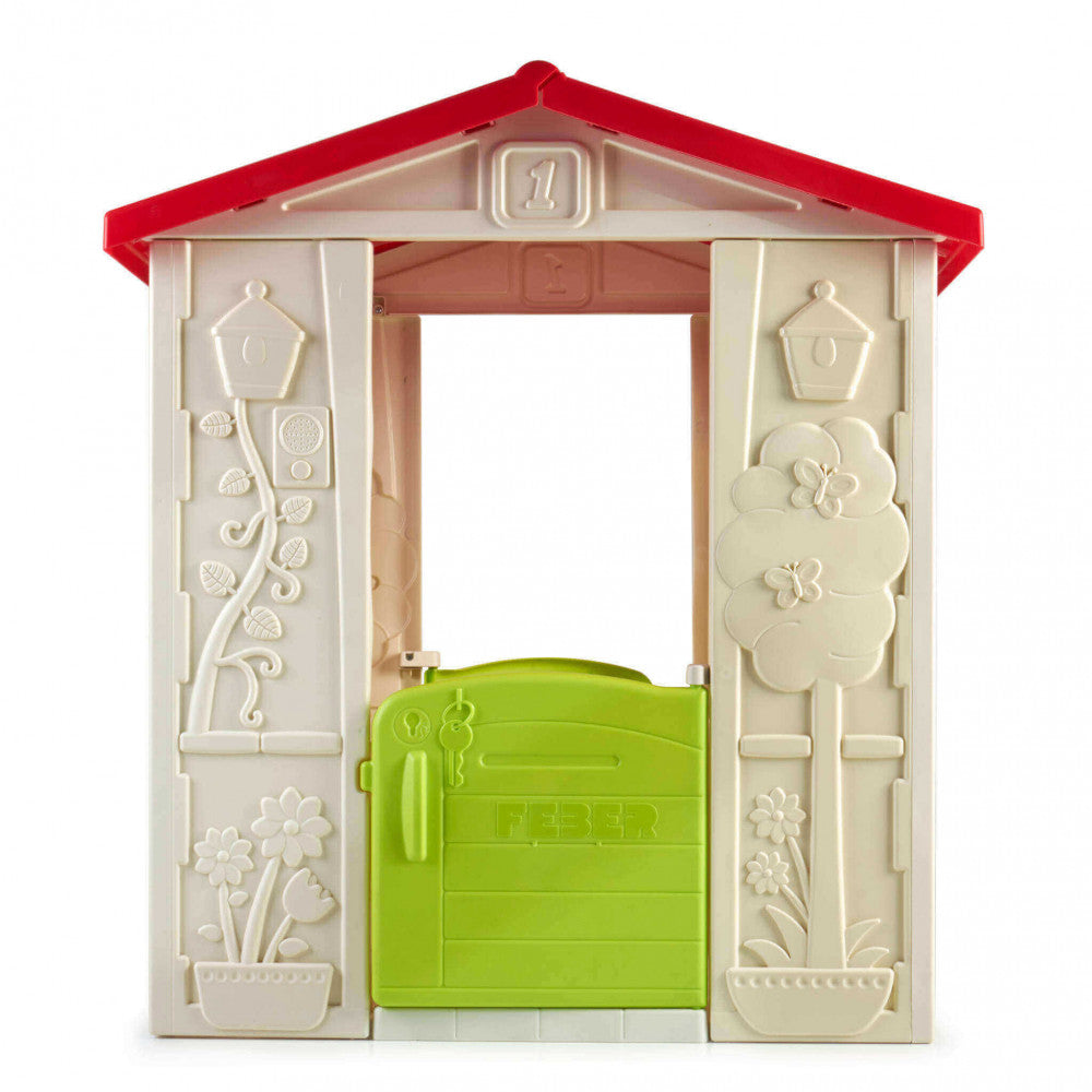 HAPPY HOUSE. Playhouse with two entrances, a keyhole, and a letterbox. Sturdy, easy to assemble, and UV-resistant. Children 2+. Dimensions: 80 x 94 x 100 cm. Garden Furniture.