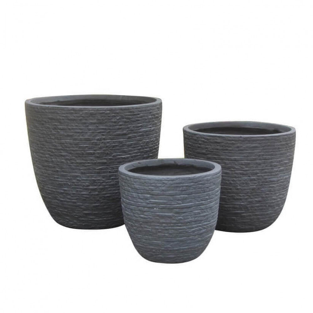 CYCLAMEN POT SET. Set of 3 synthetic fiber pots in LIGHT GREY, DARK GREY, or BEIGE. Dimensions: W. 44x44x39/M. 35x35x30.5/D. 27.5x27.5x24.5. Garden Furniture