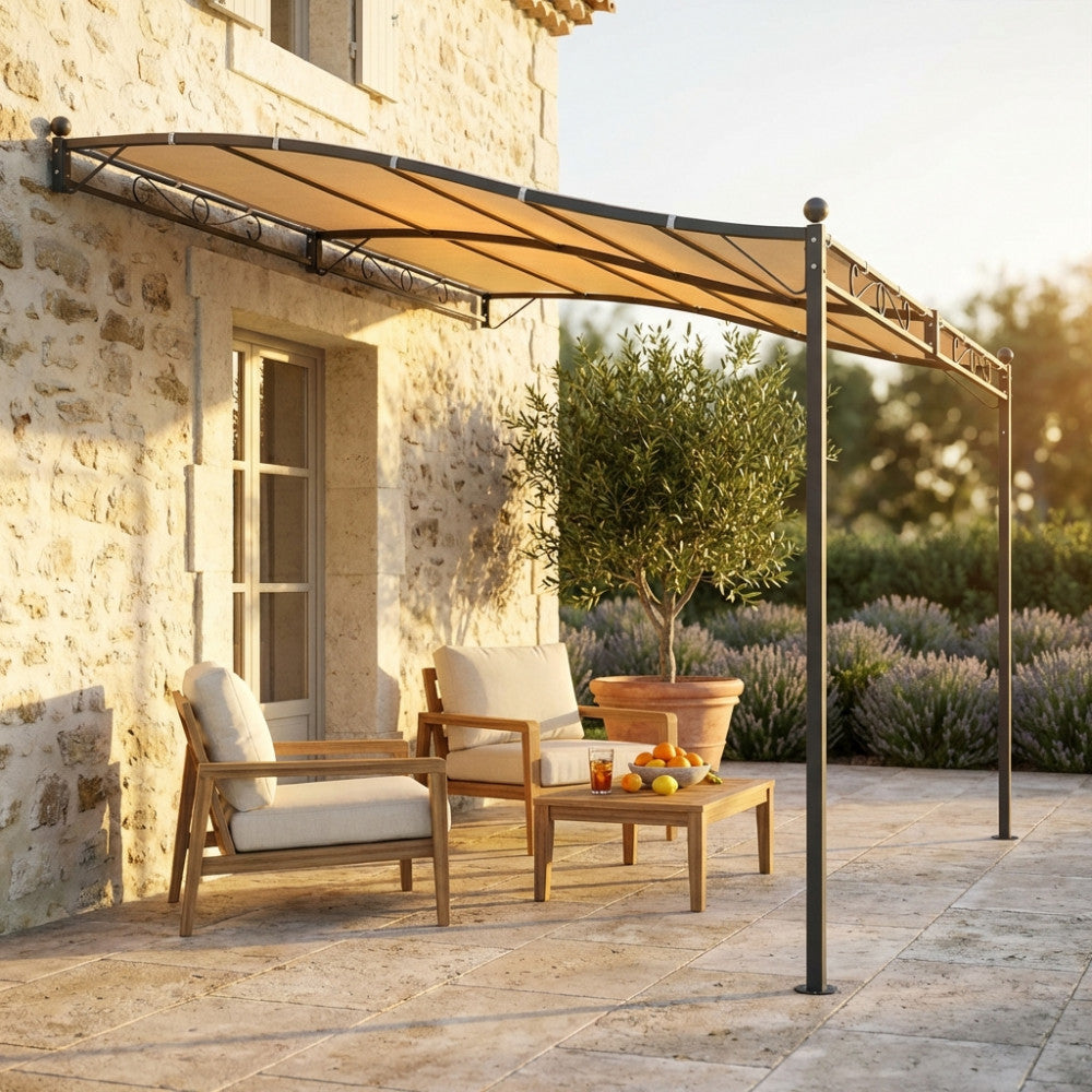 GAZEBO PERGOLA ADDOSSATO 3,5 x 2,5. Telo in poliestere AVORIO 180 gr struttura in metallo ANTRACITE gambe 50 x 50 mm Dimensioni: m 3,5 x 2,5. Arredo Giardino