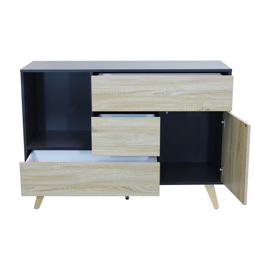 EMORY GREY AND NATURAL CABINET. Melamine cabinet with 1 door, 3 drawers and 1 shelf, natural structure, white or dark grey. Dimensions: 119 x 39.5 x 85.6 h.