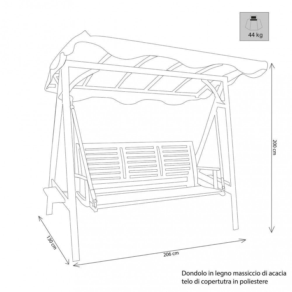 DONDOLO Quito 3 POSTI. Legno di Acacia massiccio copertura in POLIESTERE Dimensioni: cm 206 x 130 x 200 h. Arredo Giardino