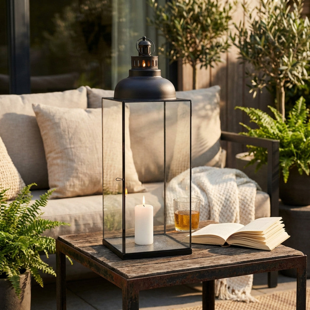 LARGE MISSIE LANTERN. ANTHRACITE metal and glass lantern. Dimensions: 29 x 29 x 89 cm. Garden furniture.