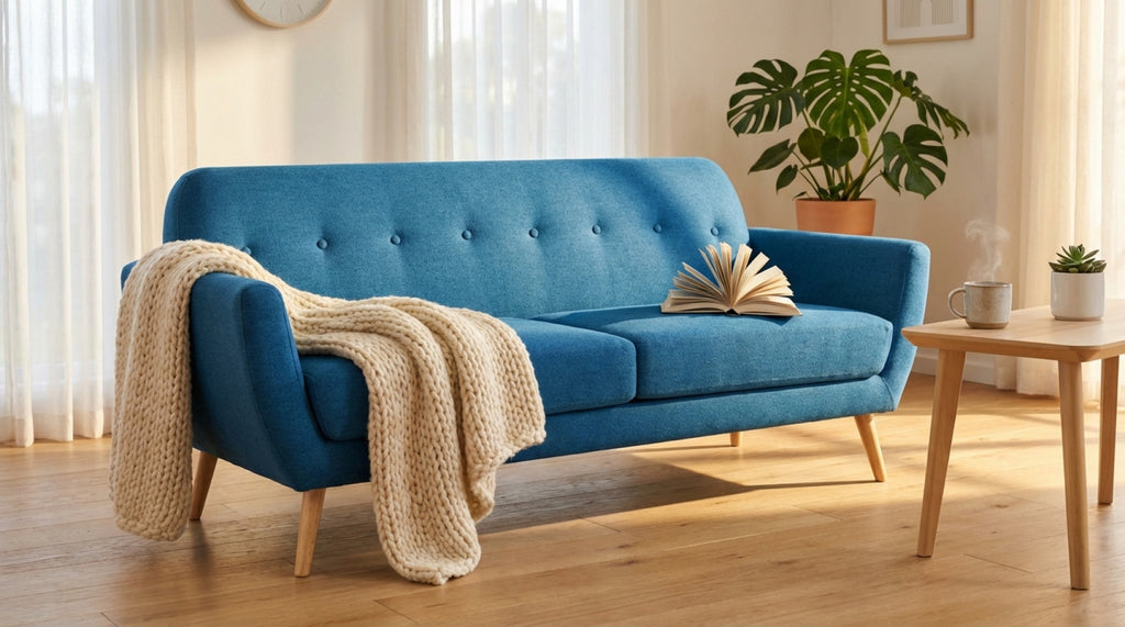 BURTON 3-SEATER SOFA. LIGHT GREY, DARK GREY, or BLUE sofa with buttons and polypropylene legs. Dimensions: 193 x 79 x 86 cm.