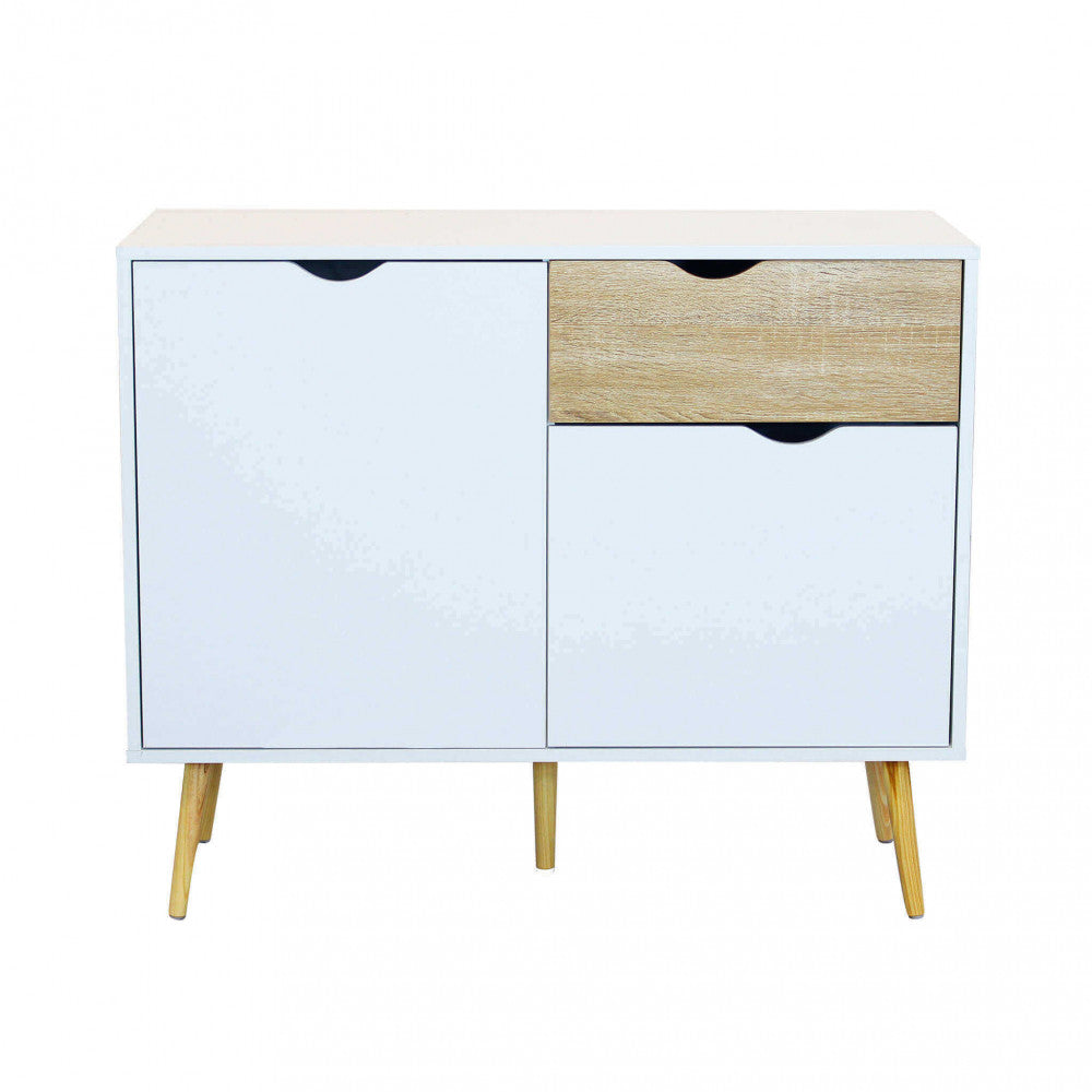 MOBILE THEODORE. Mobile con 1 anta e 2 cassetti in legno bianco e naturale Dimensioni: cm 99 x 39 x 82 h.