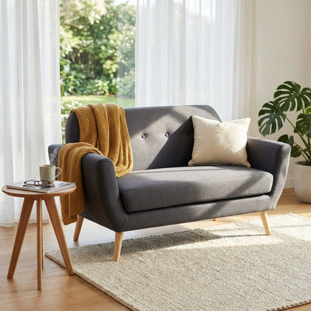 BURTON 2-SEATER SOFA. LIGHT GREY, DARK GREY or BLUE sofa with buttons and polypropylene legs. Dimensions: 147 x 79 x 86 h cm.