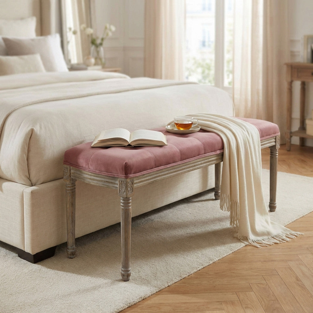 MARGI PINK VELVET BENCH. Dimensions: 125 x 45 x 48 cm.