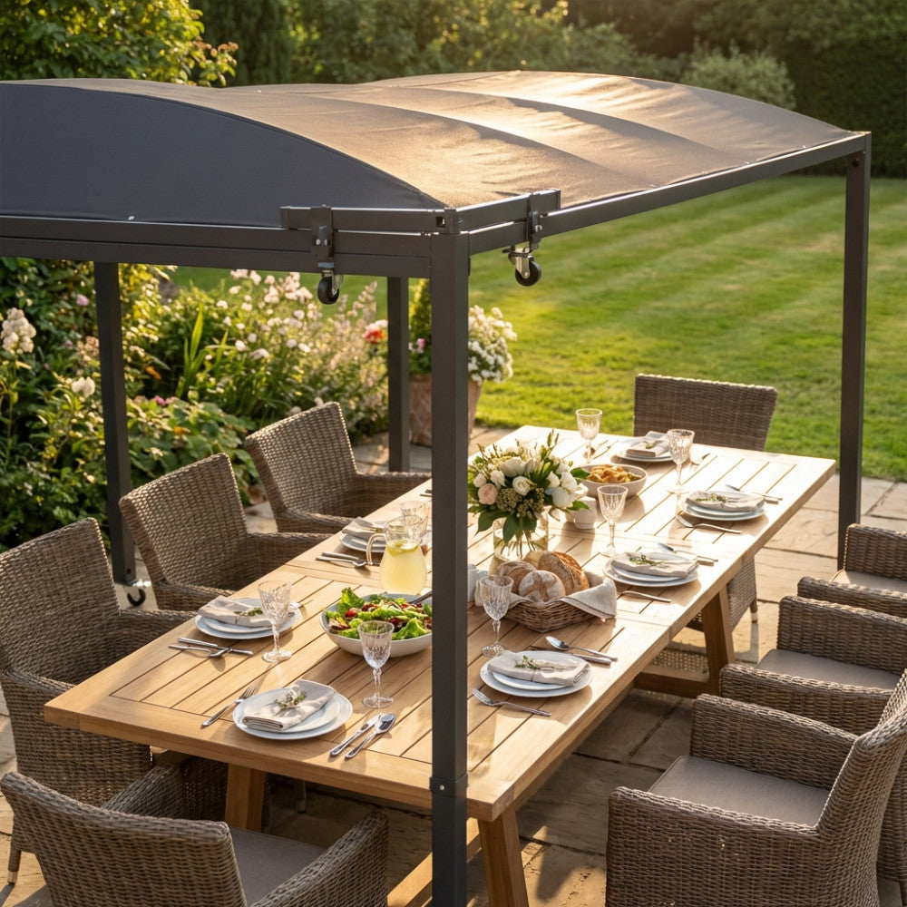 EXTENDABLE GAZEBO TUCSON 3 X 3 / 6. 300 g GREY polyester fabric, ANTRACITE metal frame, 80 x 80 mm legs. Dimensions: 3/6 x 3 m. Garden furniture.