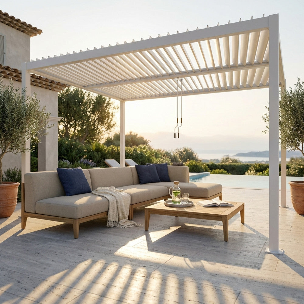 PERGOLA BIOCLIMATICA 3 X 4. Struttura in alluminio bianco o grigio scuro o marrone effetto legno frangisole orientabili a movimentazione manuale copertura a lamelle resistente a tutte le intemperie Dimensioni: m 3 x 4 x 2,5 h. Arredo Giardino