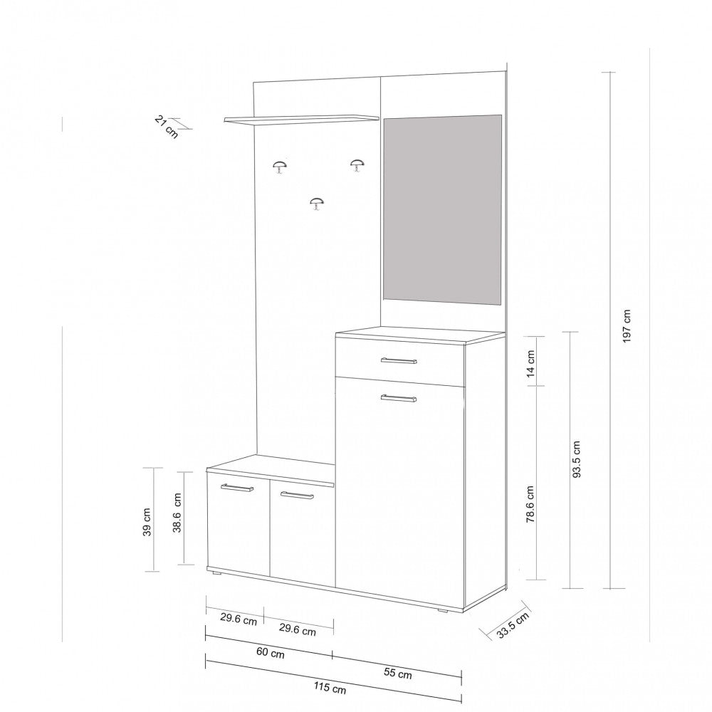 MOBILE PER ENTRATA SMERALDO ROVERE CHIARO E BIANCO. Dimensioni: cm 115 x 35 x 197 h.
