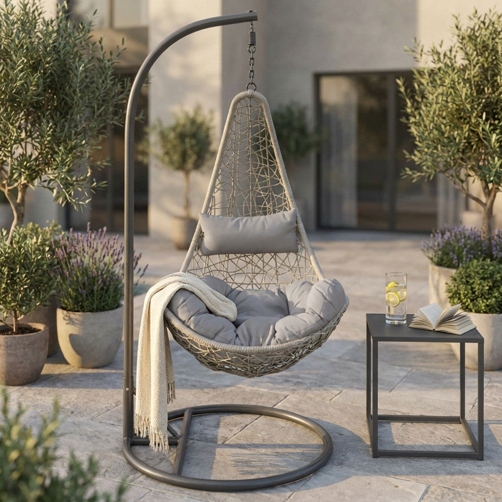PONZA SWING CHAIR. Matt dove grey metal frame, GREY or WHITE or NATURAL wicker seat, 42 x 2.5 mm metal tubes, 42 x 1.5 mm base, matching polyester cushion. Dimensions: Frame 95 x 195 h, seat 80 x 70 x 122 cm. Garden Furniture