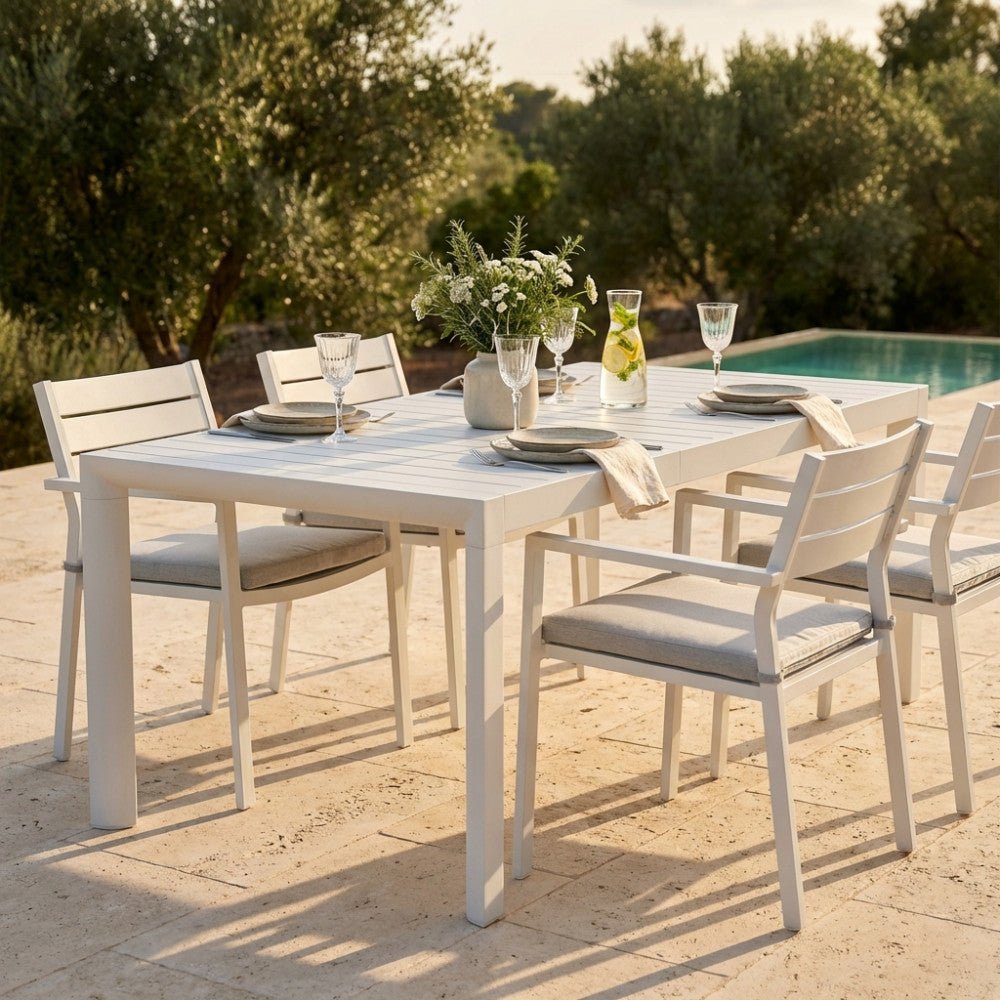 HOUSTON TABLE 160/240 X 100. Structure and top in WHITE, TAUPE, or ANTHRACITE aluminum. Dimensions: 160/240 x 100 x 74 h cm. Garden Furniture