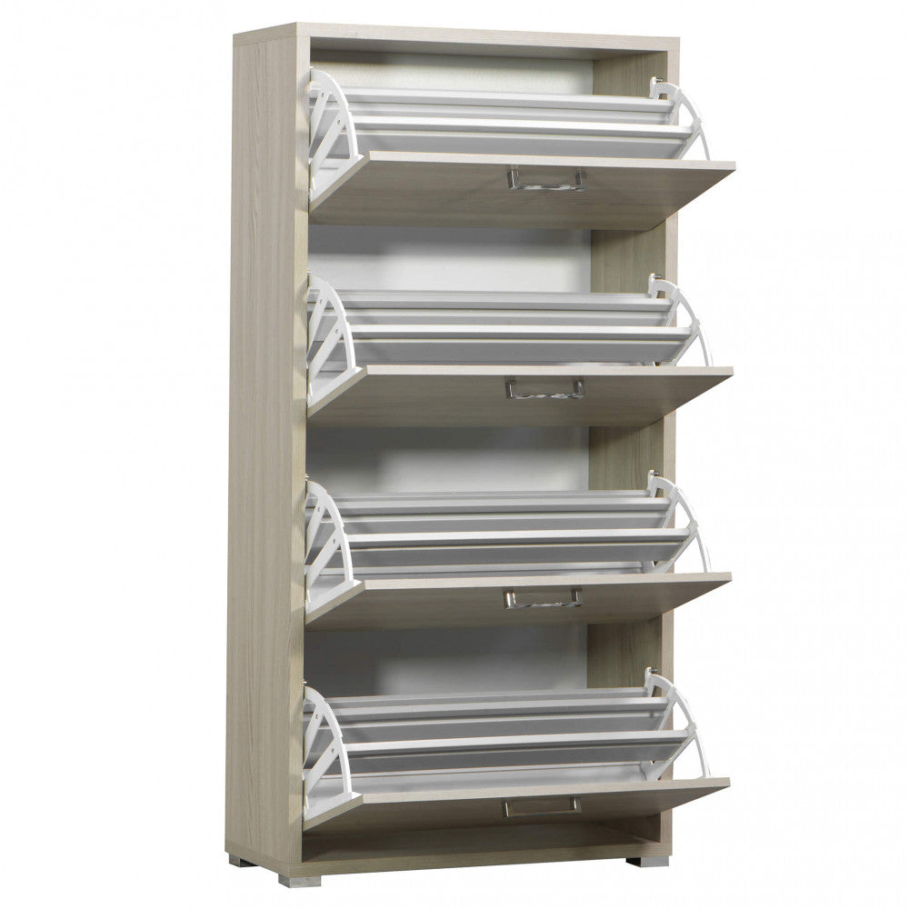 DEMI 4-DOOR FLAP-DOOR SHOE RACK IN ELM. Dimensions: 75.3 x 33 x 151.8 cm h.