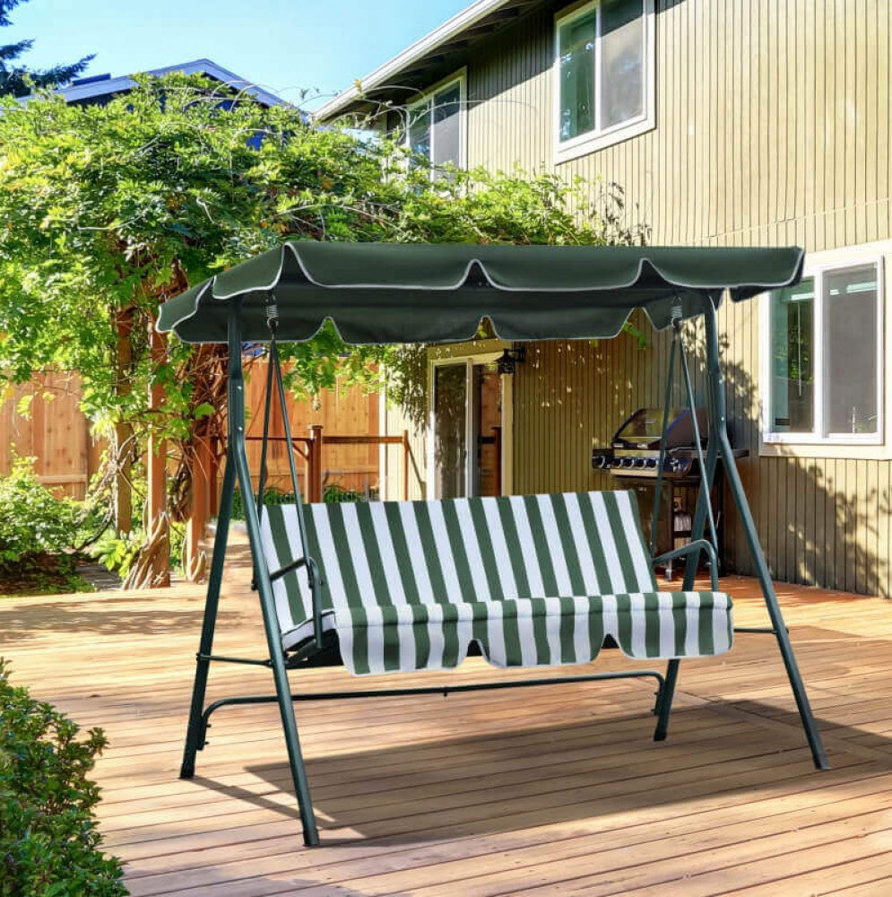 GREEN SWING WITH CUSHIONS. 160 g GREEN polyester fabric, GREEN STRIPED cushion. Green metal frame, tubes Ø 45/32/25/19/16 mm. Dimensions: 170 x 110 x 153 cm. Garden Furniture