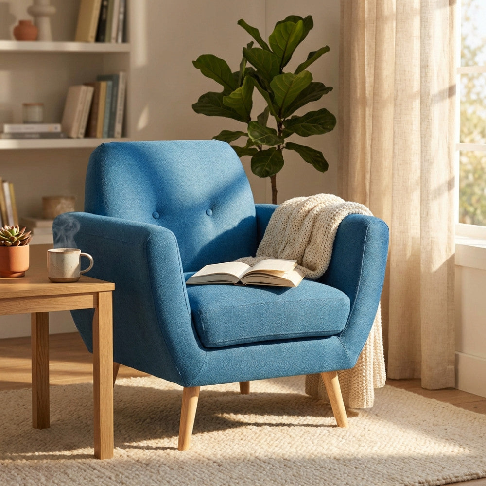 POLTRONA BURTON. Poltrona GRIGIO CHIARO, GRIGIO SCURO o BLU con bottoni e gambe in polipropilene Dimensioni: cm 84 x 79 x 86 h.