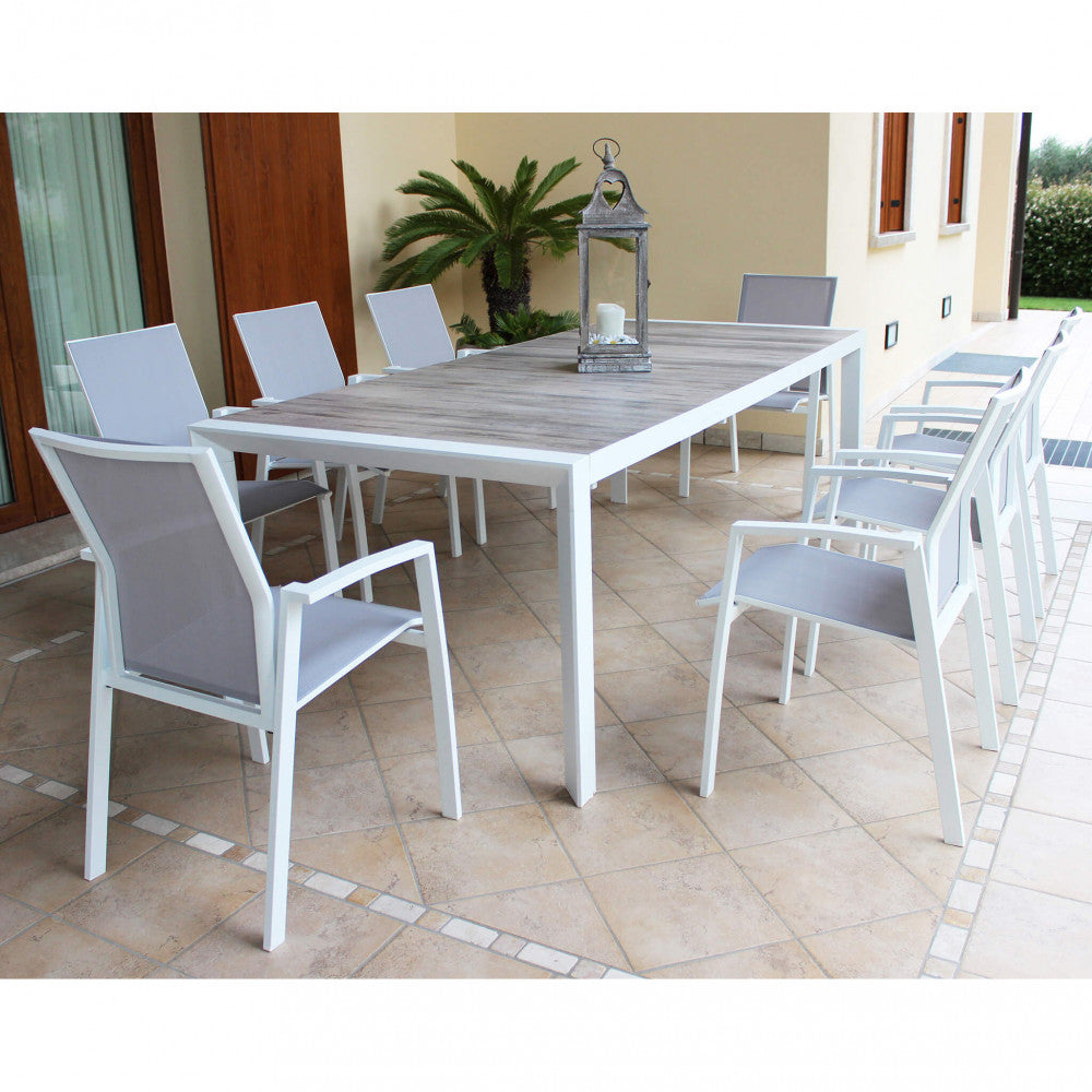 PORTLAND TABLE 175/235 X 100. Structure in ANTHRACITE, TAUPE or WHITE aluminium, table top in GREY wood-effect ceramic in NATURAL taupe. Dimensions: 175/235 x 100 x 75 h cm. Garden Furniture