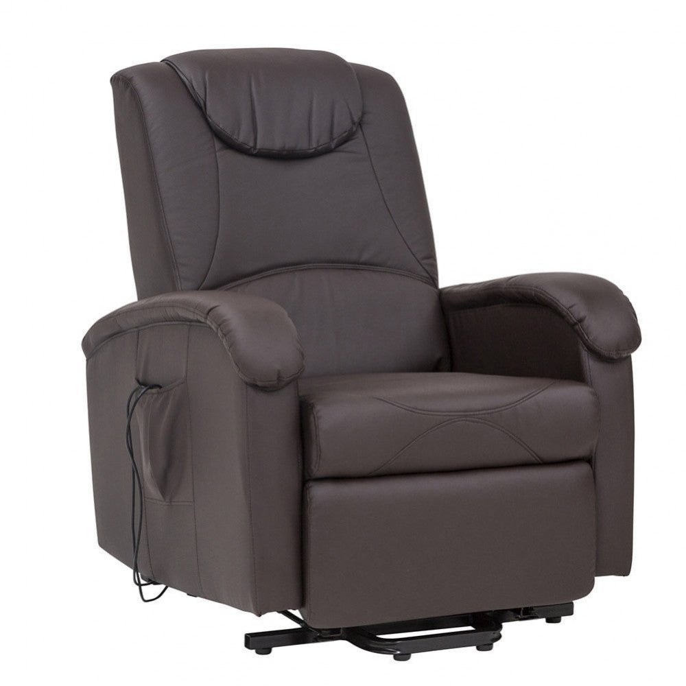TAIGA ELECTRIC MASSAGE RELAXATION CHAIR. Armchair in BEIGE or BROWN eco-leather. It has a reclining relaxation opening and electric raise and lowering with massage function. Dimensions: 72 x 95/182 x 106/145 h cm.