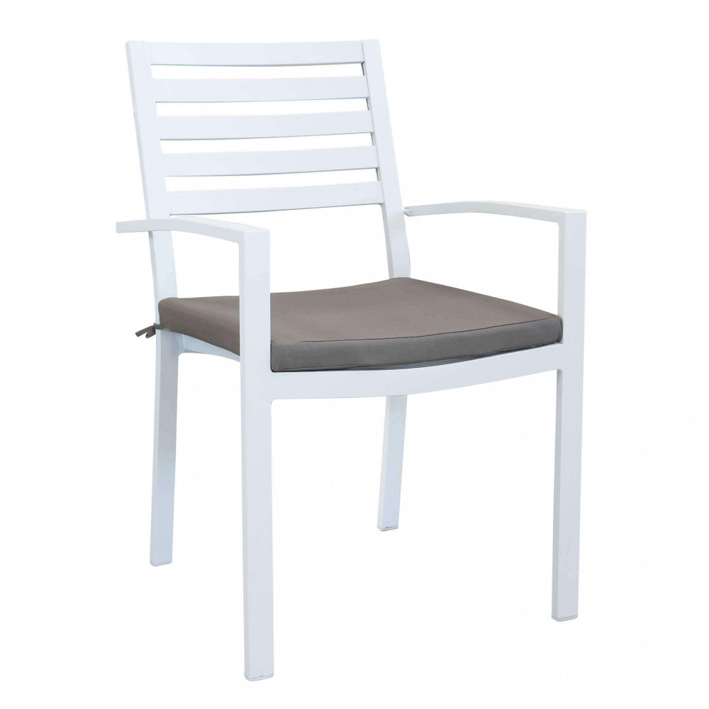 FORMENTERA ARMCHAIR WITH CUSHION. Frame and seat in WHITE, DOVE GREY, TAUPE, or ANTHRACITE aluminum with TAUPE cushion. Dimensions: 46 x 62 x 84 cm. Garden Furniture