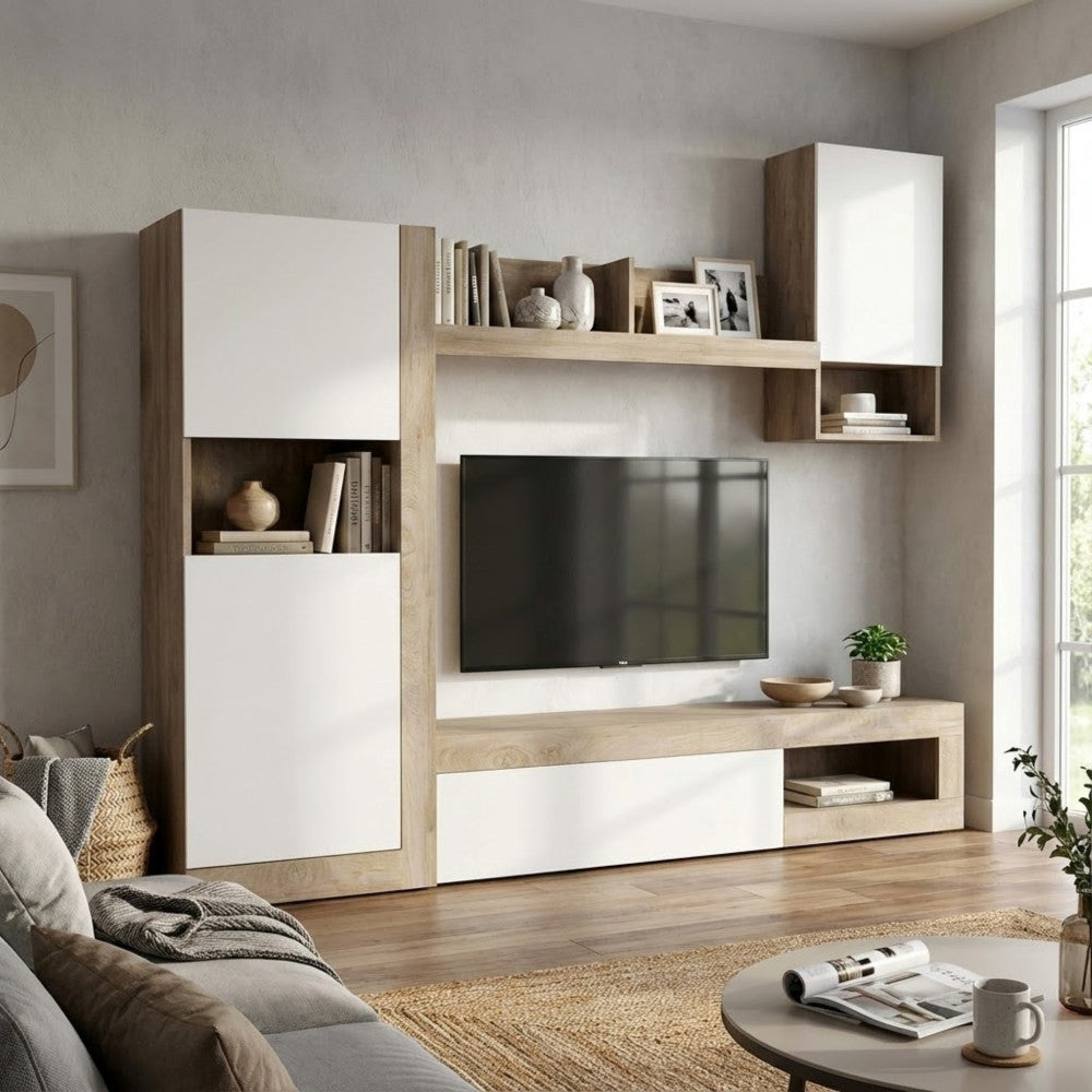 ROOMY LIVING ROOM WALL WHITE AND LIGHT OAK. White and LIGHT OAK wooden wall Dimensions: 255 x 40 x 200 h cm.