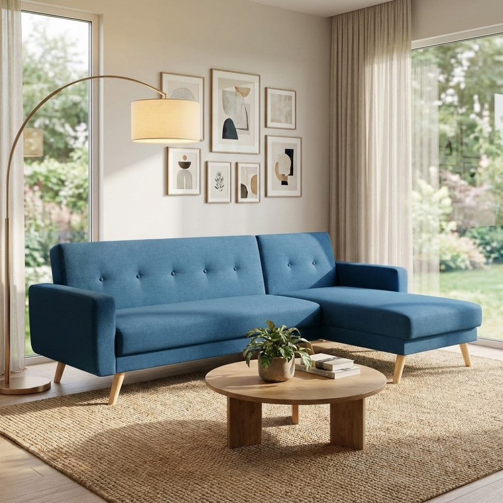 ARTHUR SOFA BED. MELANGE BLUE sofa bed with metal and wood frame. Dimensions: D.176x84x84/DL.176x105x45/S.74x157x84/SL.74x178x45.