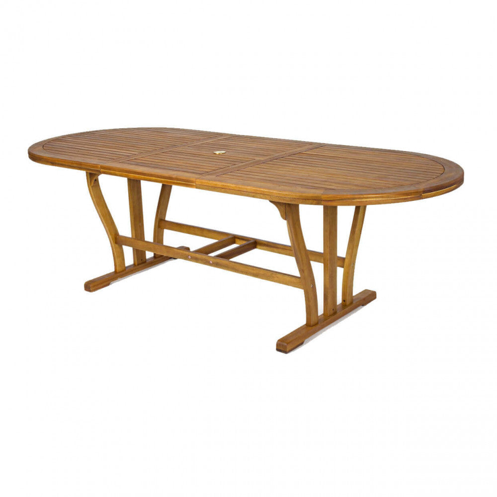 SHIRE OVAL TABLE 180/240 X 100 DOUBLE. Solid acacia wood, 44 mm thick, double edge. Dimensions: 180/240 cm x 100 x 74 h. Garden furniture.