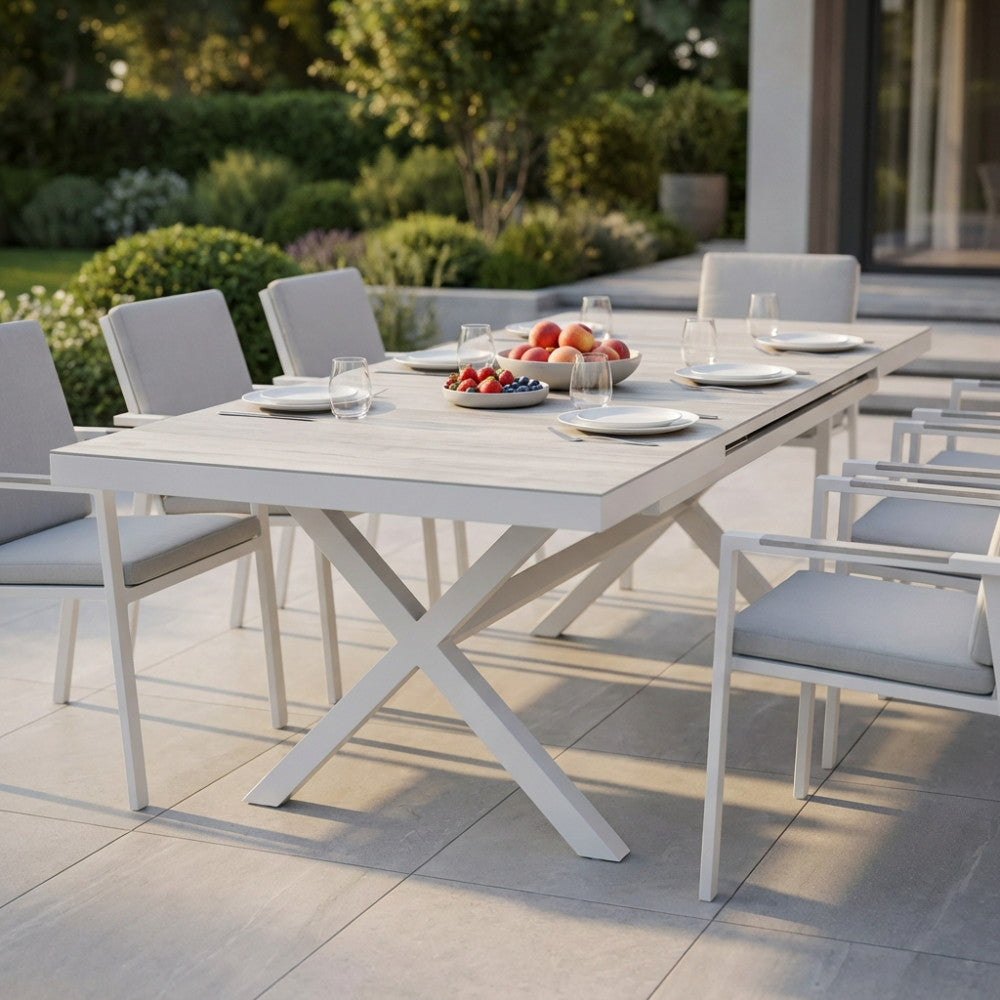 TAVOLO DJERBA 200/260 X 100. Struttura in allumino ANTRACITE o BIANCA piano del tavolo in ceramica effetto legno Dimensioni: cm 200/260 x 100 x 75 h. Arredo Giardino