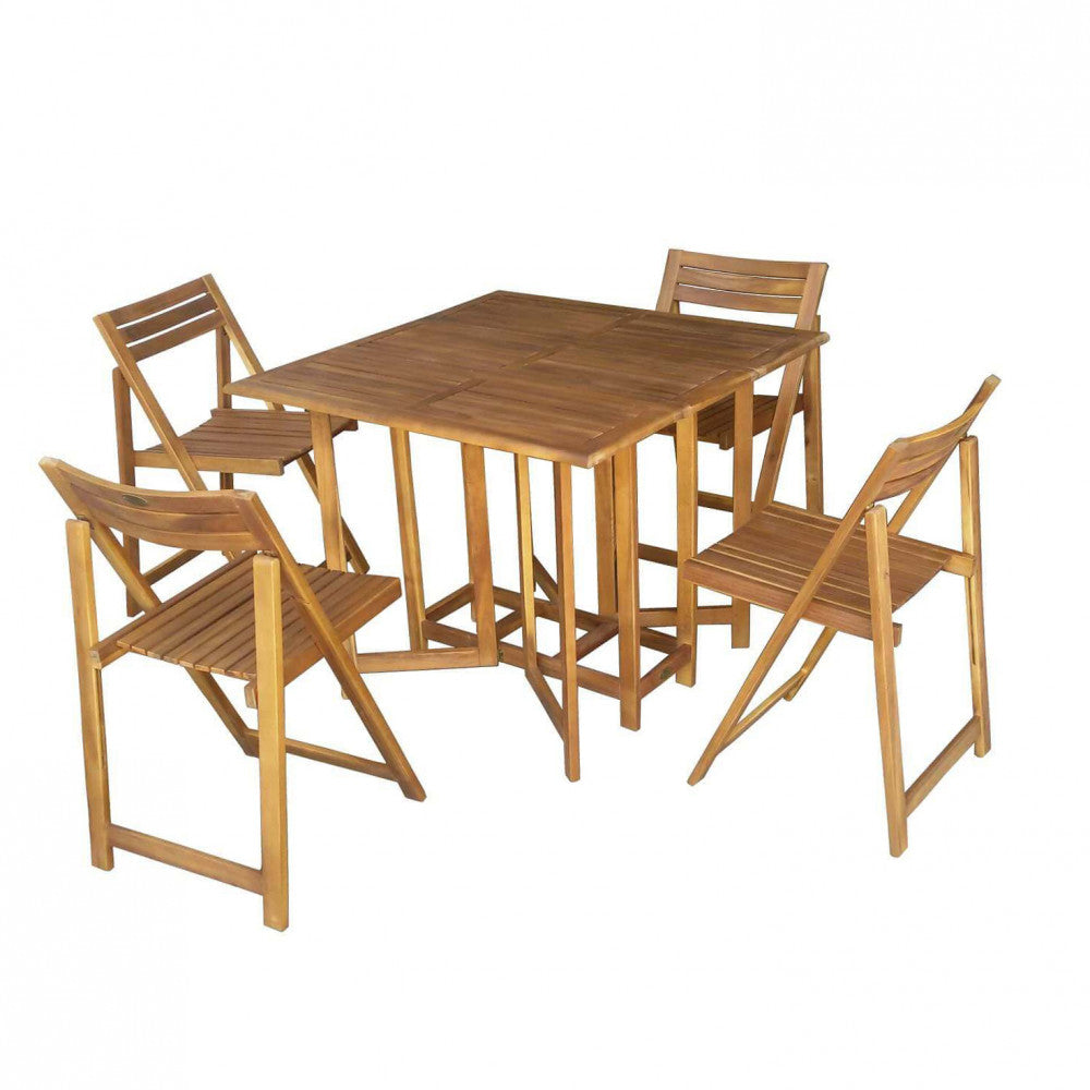 TABLE + 4 CHAIRS SET. Solid acacia wood. Dimensions: T 90 x 90 x 74 h S 44 x 47 x 78 h. Garden furniture.