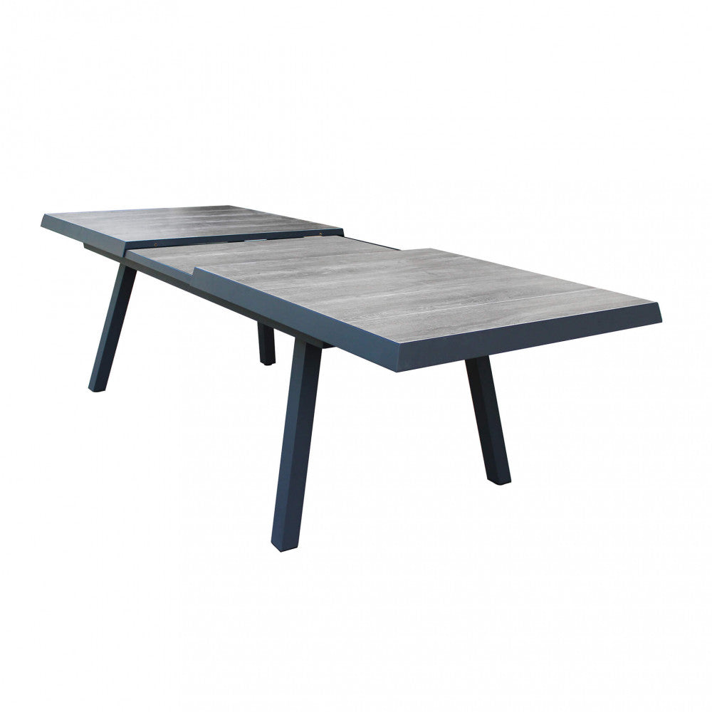SEATTLE TABLE 205/265 X 105. Structure in ANTHRACITE, TAUPE or WHITE aluminum, table top in GREY wood-effect ceramic in NATURAL taupe. Dimensions: cm 205/265 x 105 x 75 h. Garden Furniture