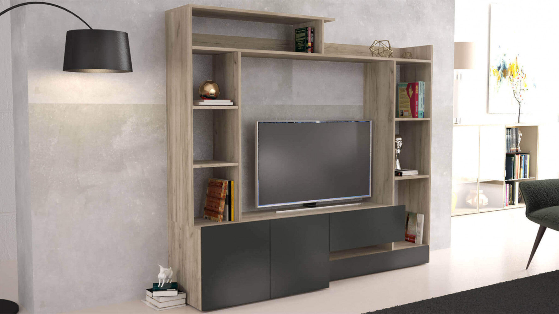 PARETE SOGGIORNO ENTRY ANTRACITE E OLMO. Parete in legno ANTRACITE e OLMO Dimensioni: cm 180 x 28/40 x 165 h.