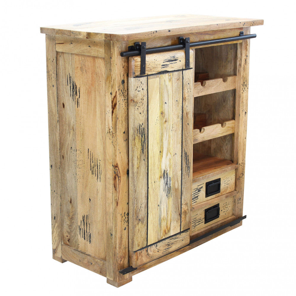 WINE CELLAR. Mango wood wine cellar with 1 sliding door, 2 shelves, 2 drawers and bottle holder. Dimensions: 90 x 45 x 100 cm.