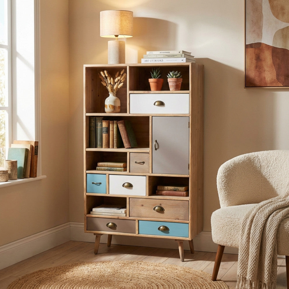 MOBILETTO PERTH. Struttura in MDF, gambe in legno di pino, top colore NATURALE 6 ripiani e 1 anta, 7 cassetti colorati Dimensioni: cm 80 x 36,5 x 139 h.