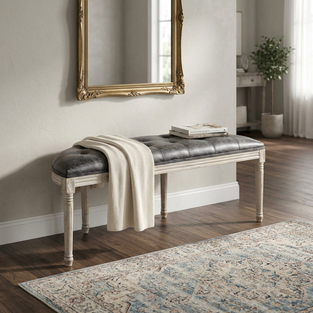 PANCA MARGI IN IN ECOPELLE VINTAGE GRIGIO. Dimensioni: cm 125 x 45 x 48 h.