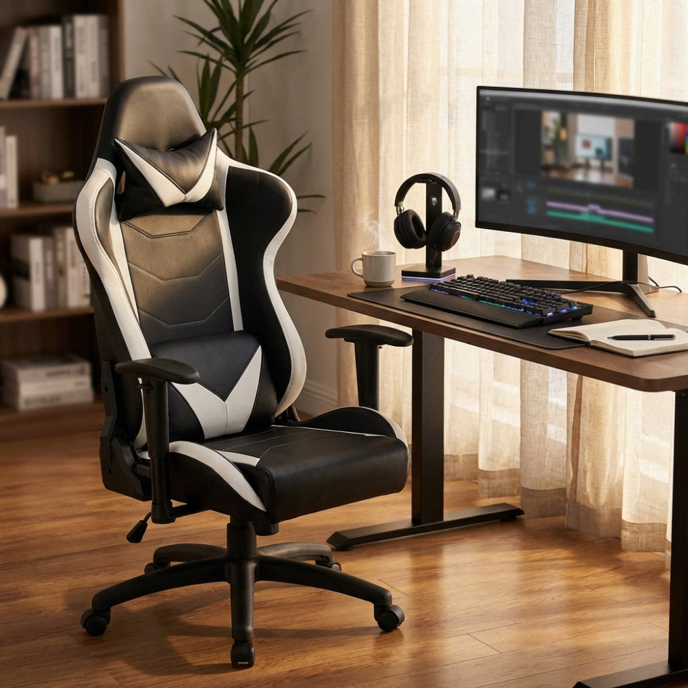 POLTRONA DA GAMING FALLOUT BIANCA E NERA. Dimensioni: Cm 69,5 x 71,5 x 121-129 h.