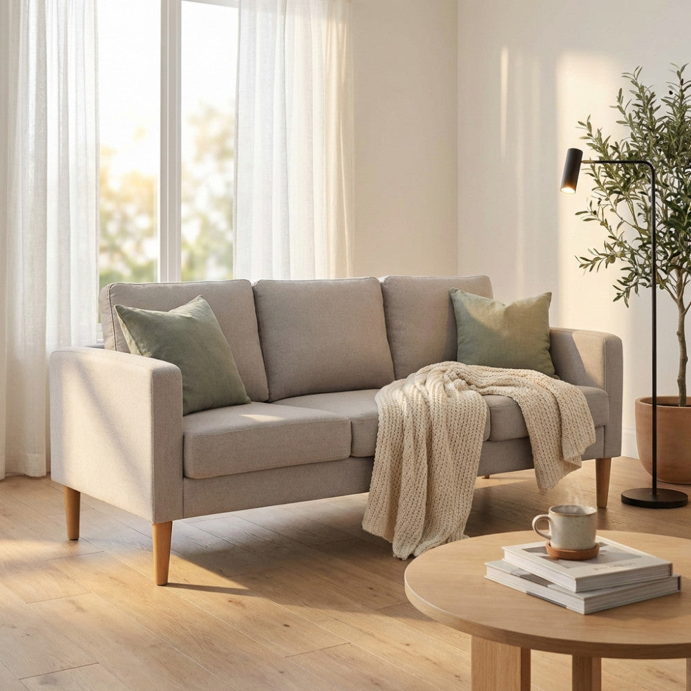 RAMSEY 3-SEATER SOFA. LIGHT GREY or DARK GREY or BLUE or BEIGE sofa with polypropylene legs. Dimensions: 180 x 73 x 82 h cm.