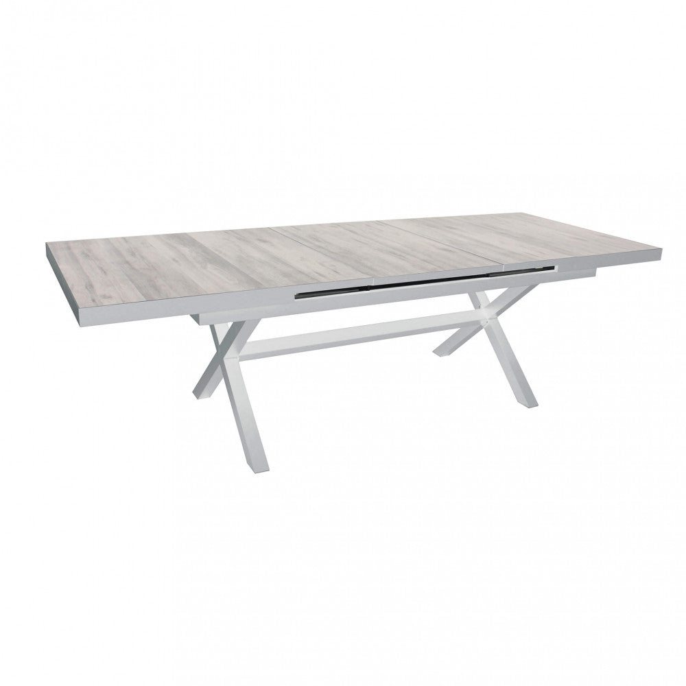TAVOLO DJERBA 200/260 X 100. Struttura in allumino ANTRACITE o BIANCA piano del tavolo in ceramica effetto legno Dimensioni: cm 200/260 x 100 x 75 h. Arredo Giardino